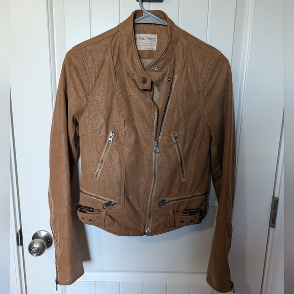 WE THE FREE Vegan Leather Moto Jacket Brown/Tan XSmall - Picture 1 of 9